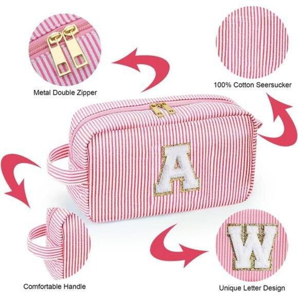 Pink Initial Makeup Bag for Women Teen Girls Travel Cosmetic Toiletry Pouch - Picture 6 of 7